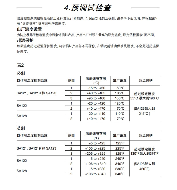 SA121, SA122, SA123, SA128 和 SA1219自作用溫度控製係統調試