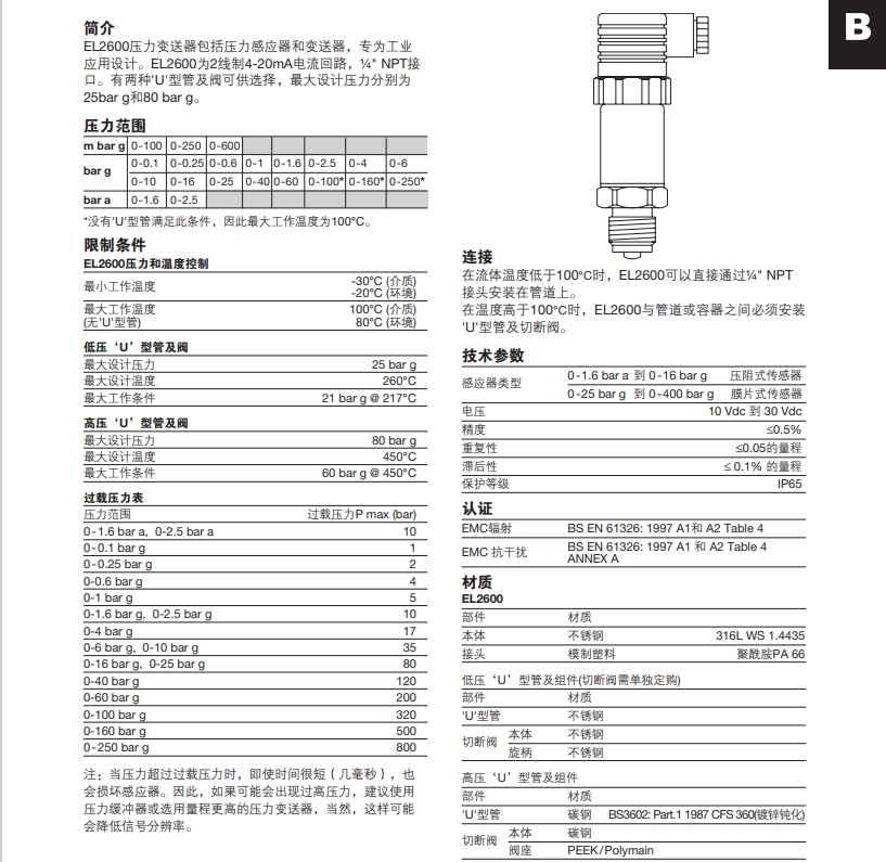betway体育手机APPEL2600壓力變送器技術參數