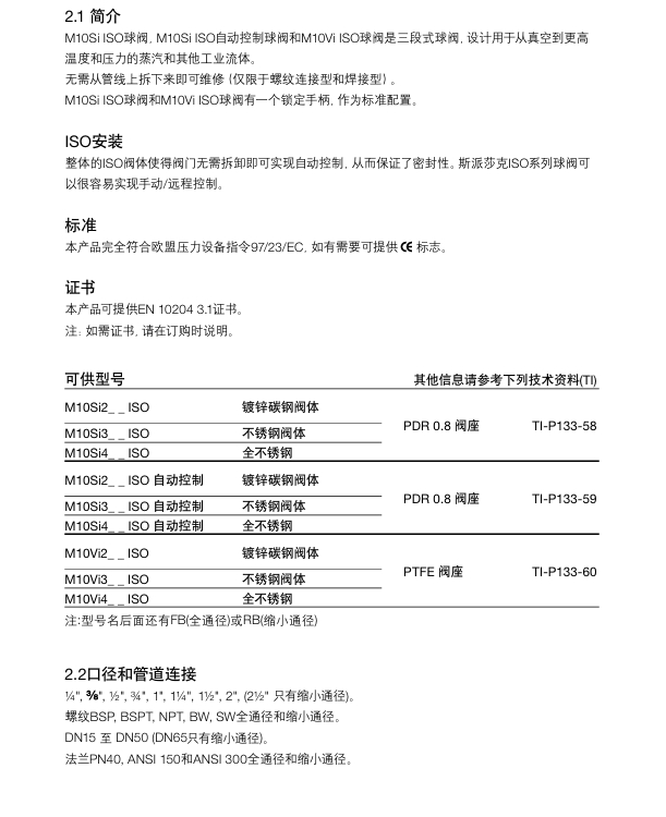 betway体育手机APPM10Si ISO球閥，M10Si ISO自動控製球閥和M10Vi ISO球閥技術參數