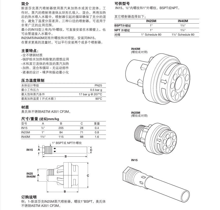 betway体育手机APP蒸汽噴射器IN15、IN25M、IN40M技術參數