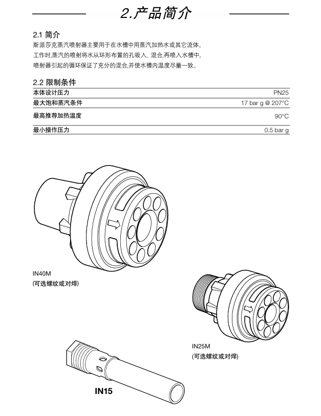 betway体育手机APPIN15,IN25M和IN40M蒸汽噴射器技術參數